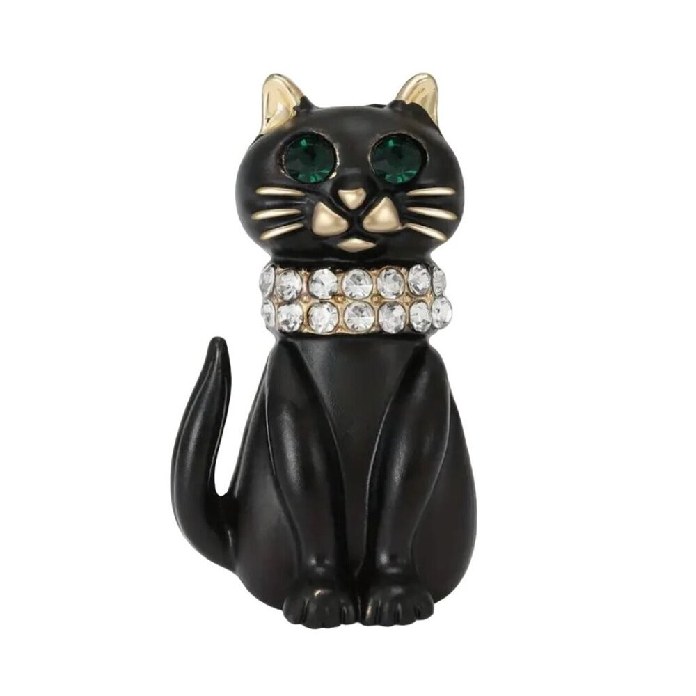 Black Cat Enamel Brooch Pin With Rhinestone Collar & Green Eyes